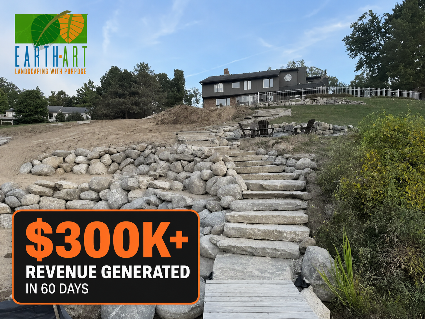 EarthArt Landscaping stone stairway and boulder retaining project with $300K+ revenue generated