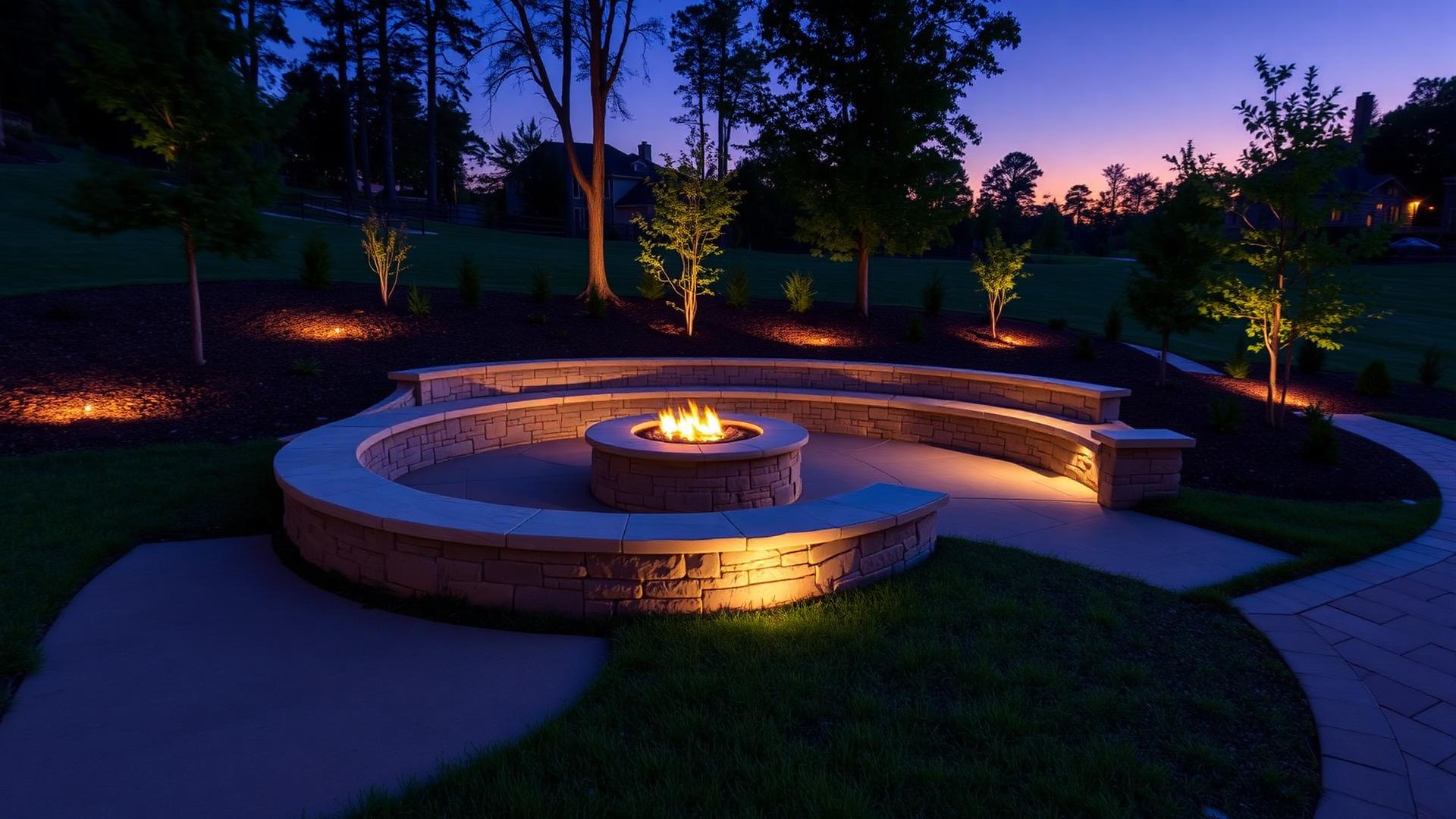 Stone fire pit with seating wall and walkway lit at twilight