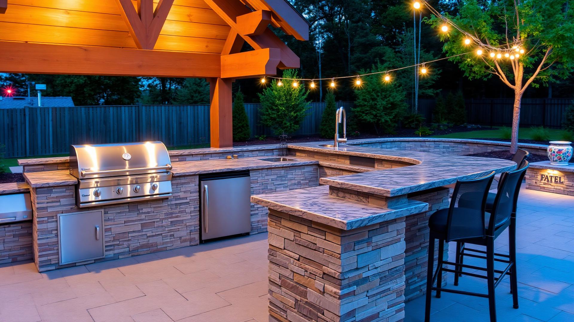 Premium outdoor kitchen with built-in grill and bar seating