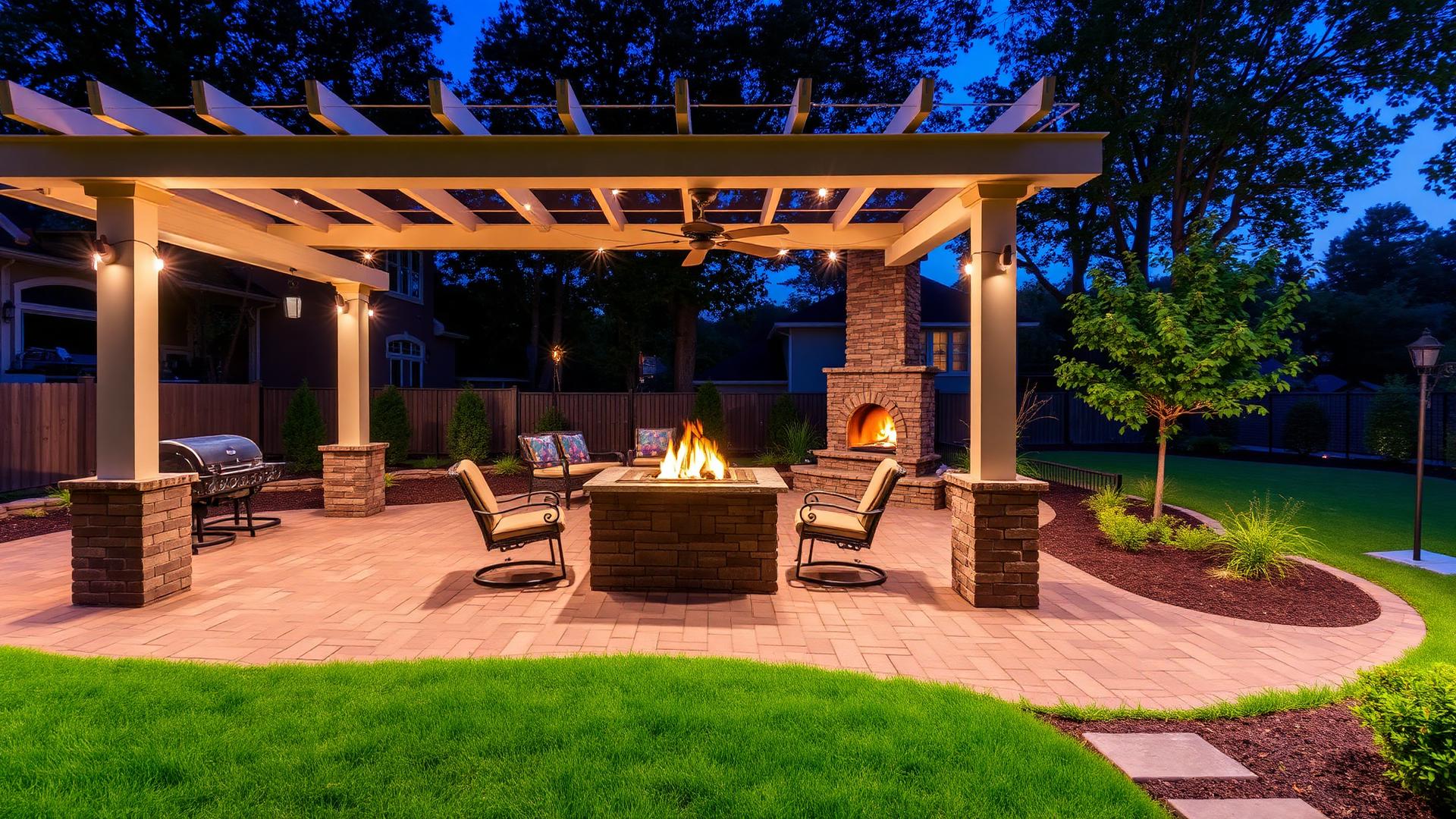 Complete backyard outdoor living transformation with pergola and fire feature