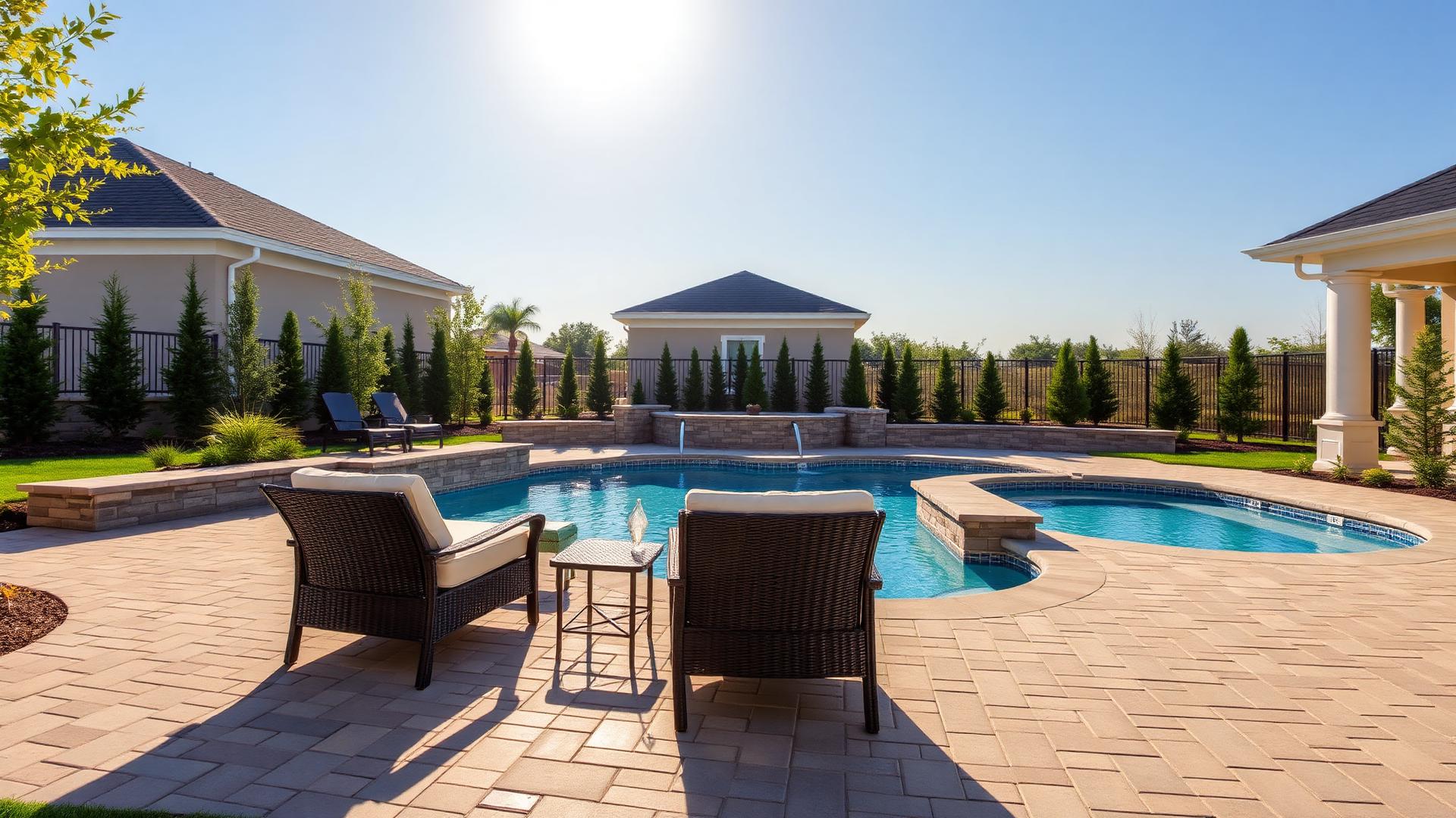 Paver pool deck surrounding a backyard swimming pool