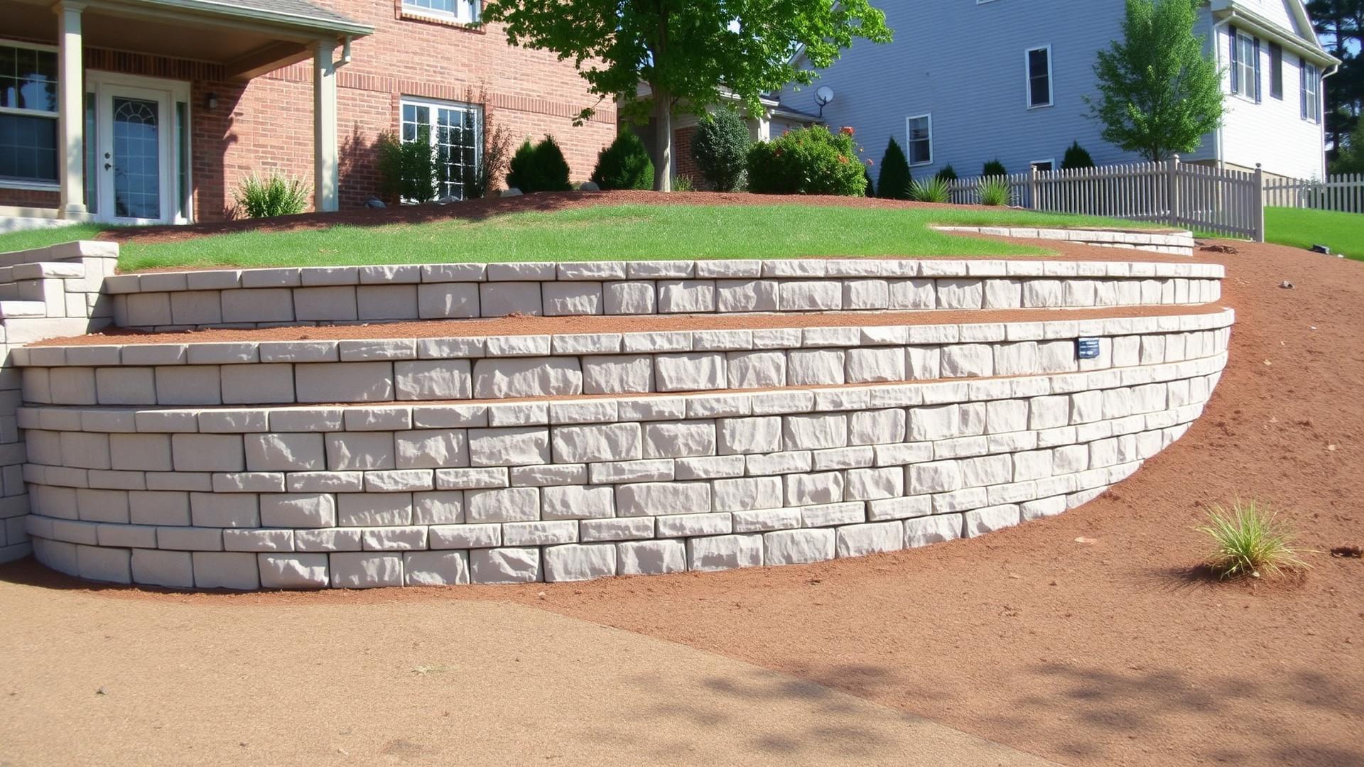 Terraced stone retaining wall in a residential yard